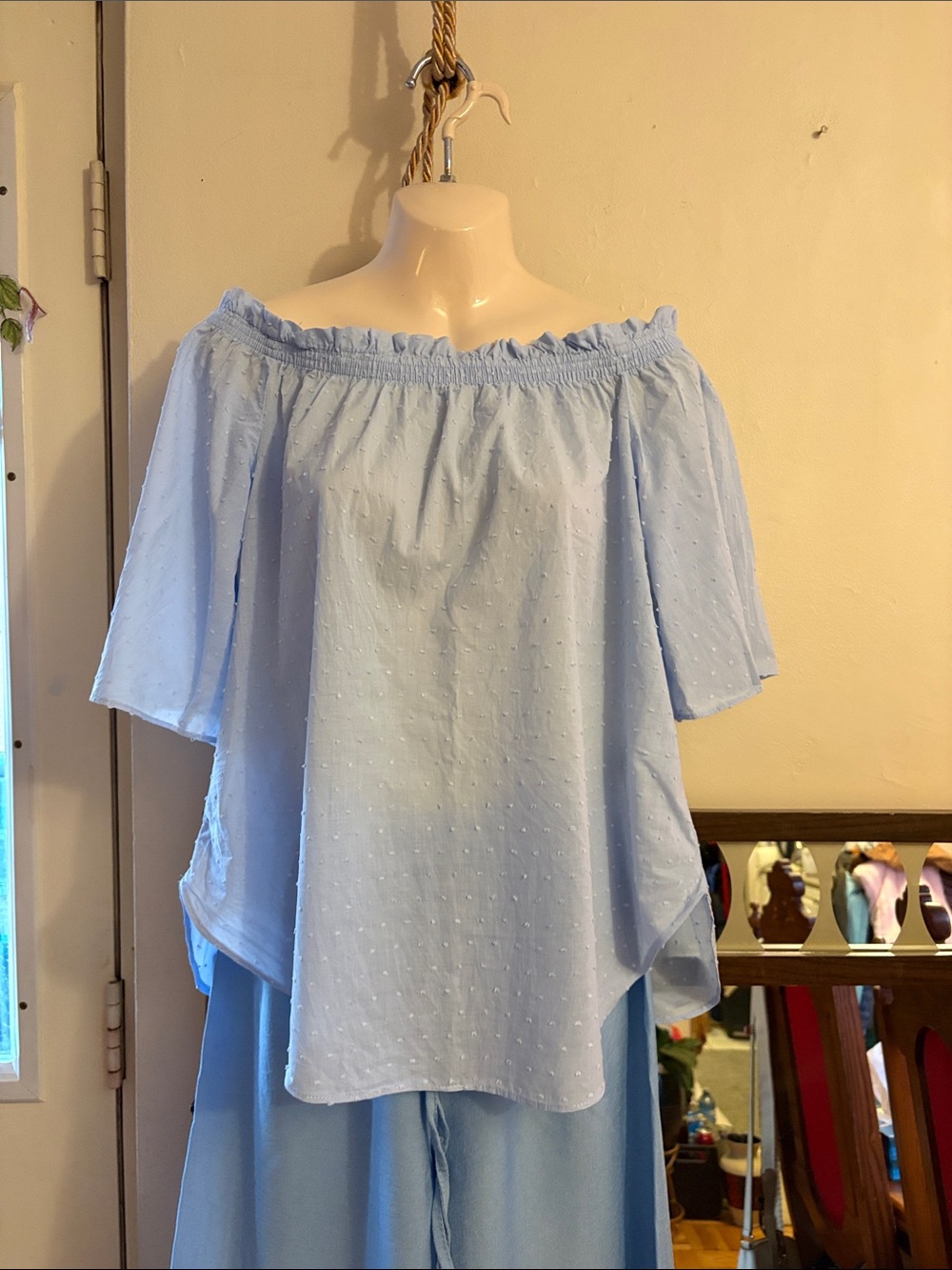 H&M Pale Blue Off-Shoulder Swiss Dot Top. Cotton